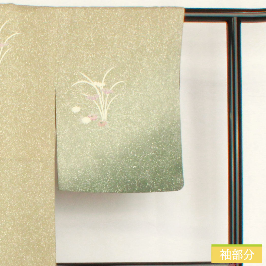 訪問着 正絹 袷 身丈157.5cm 裄丈62cm 蠟色（ろういろ） タタキ染 京友禅 菊 菖蒲 一つ紋 Sランク 緑系 1112005252319