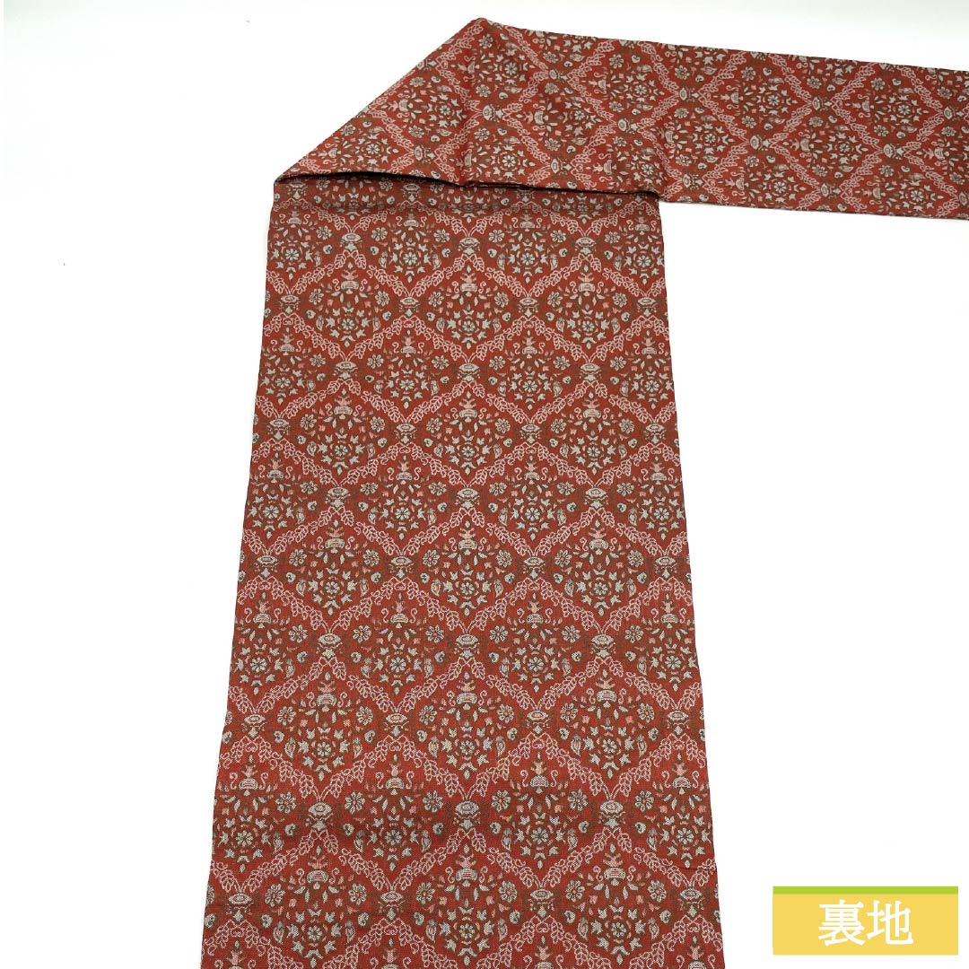 Nagoya Obi, Pure Silk, S-Rank, Benikakiiro (Red Persimmon Color), Shoba Weave, Sarasa Pattern, 330cm Length, Full Length, Casual, Orange, Item Number: 1124009362326, Nagoya Style