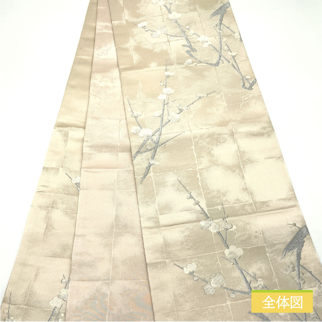 Formal Obi, Polyester, Grade A, White-brown, Plum Blossom Design, Length 426cm, Six-fold, Pink, Item Number 1123016053313