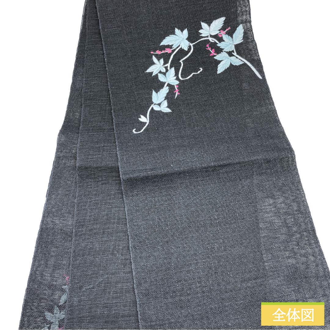 名古屋帯 正絹 Sランク 開き仕立て 黒色（くろいろ） 植物柄 夏帯 帯丈359cm ポイント柄 カジュアル 黒系 1124013112310