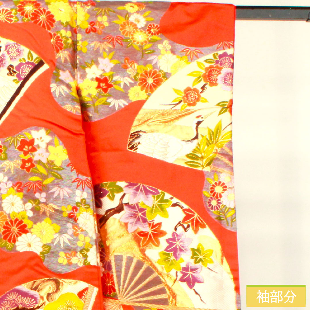 Colored uchikake, pure silk, length 185cm, sleeve length 66cm, maple leaf color, Karaori, auspicious motif, S rank, lined, vermilion, 1110000802916