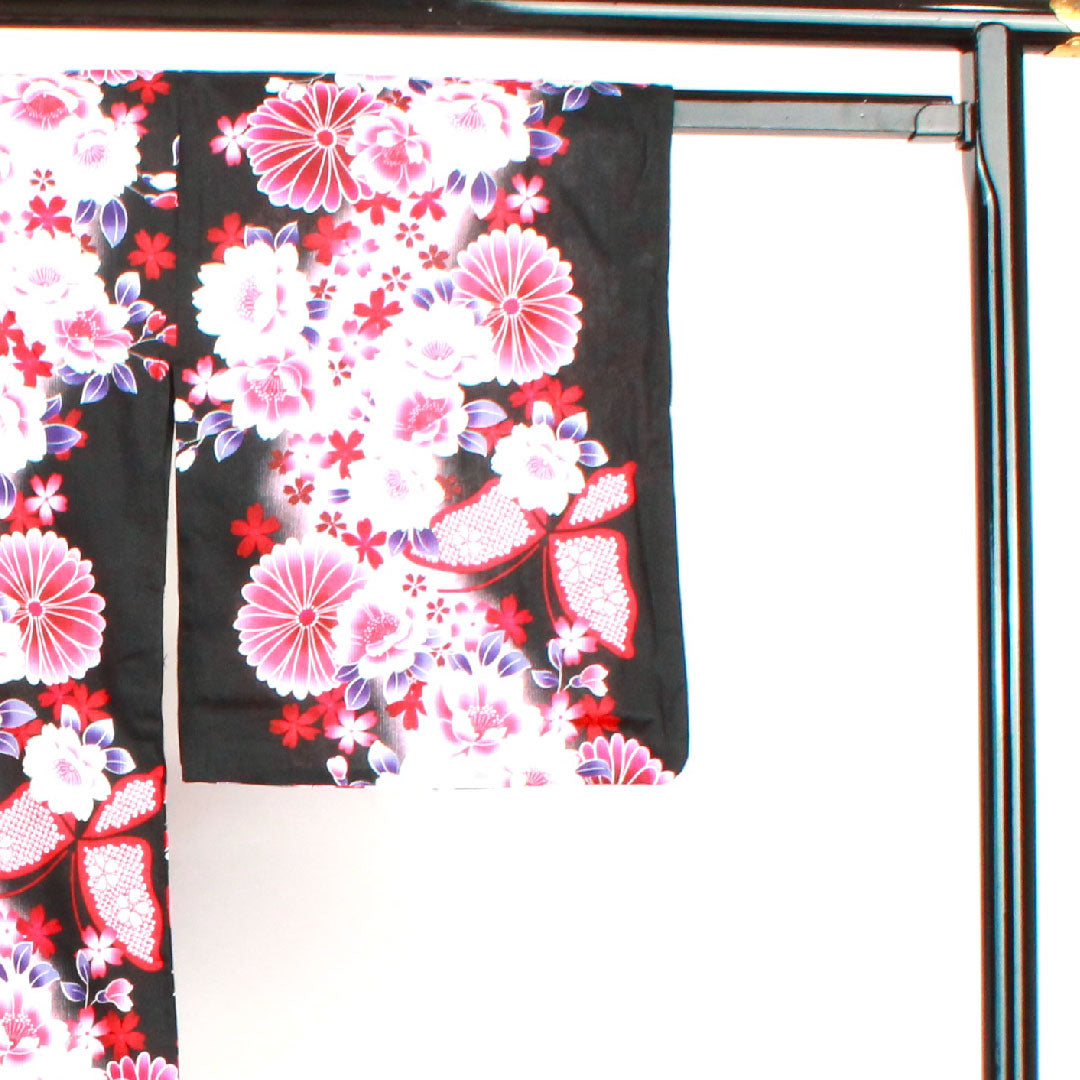 Yukata, Chrysanthemum, Cherry Blossom, Butterfly, Cotton, S Rank, Single Layer, Length 163cm, Sleeve Length 64cm, Black, 1118001522410