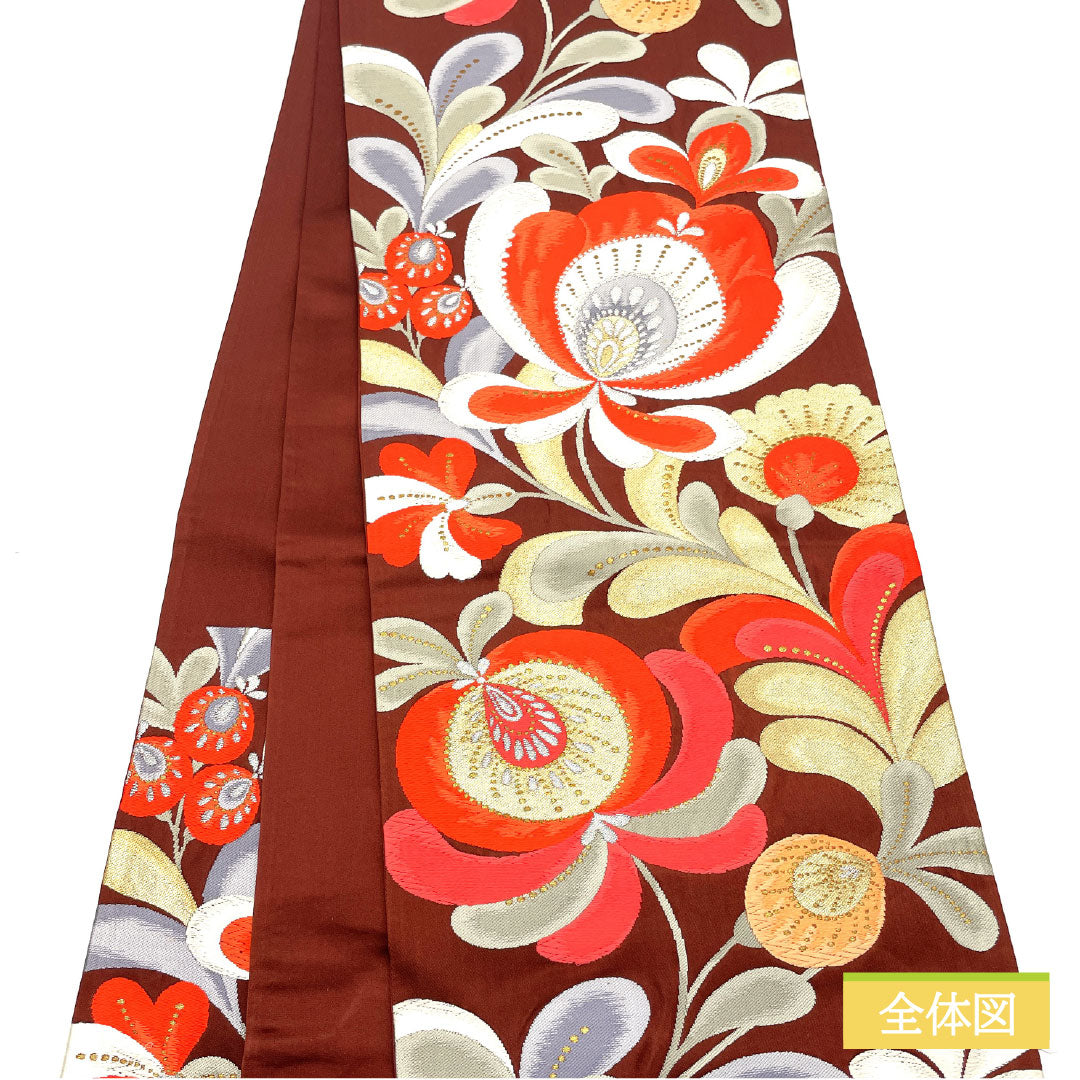 袋帯 正絹 Aランク 褐色色（かっしょくいろ） 西陣織 抽象花 帯丈428cm 六通 セミフォーマル 茶系 1123016163314