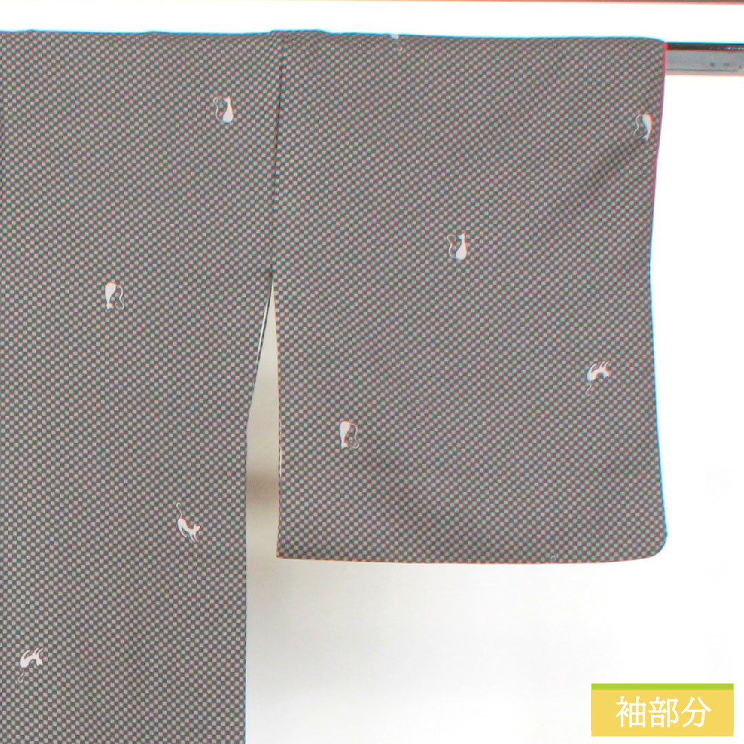 Small pattern, polyester, length 166.5cm, sleeve length 68cm, lined, washable kimono, checkered pattern, cat, S rank, monotone, 1115004382527