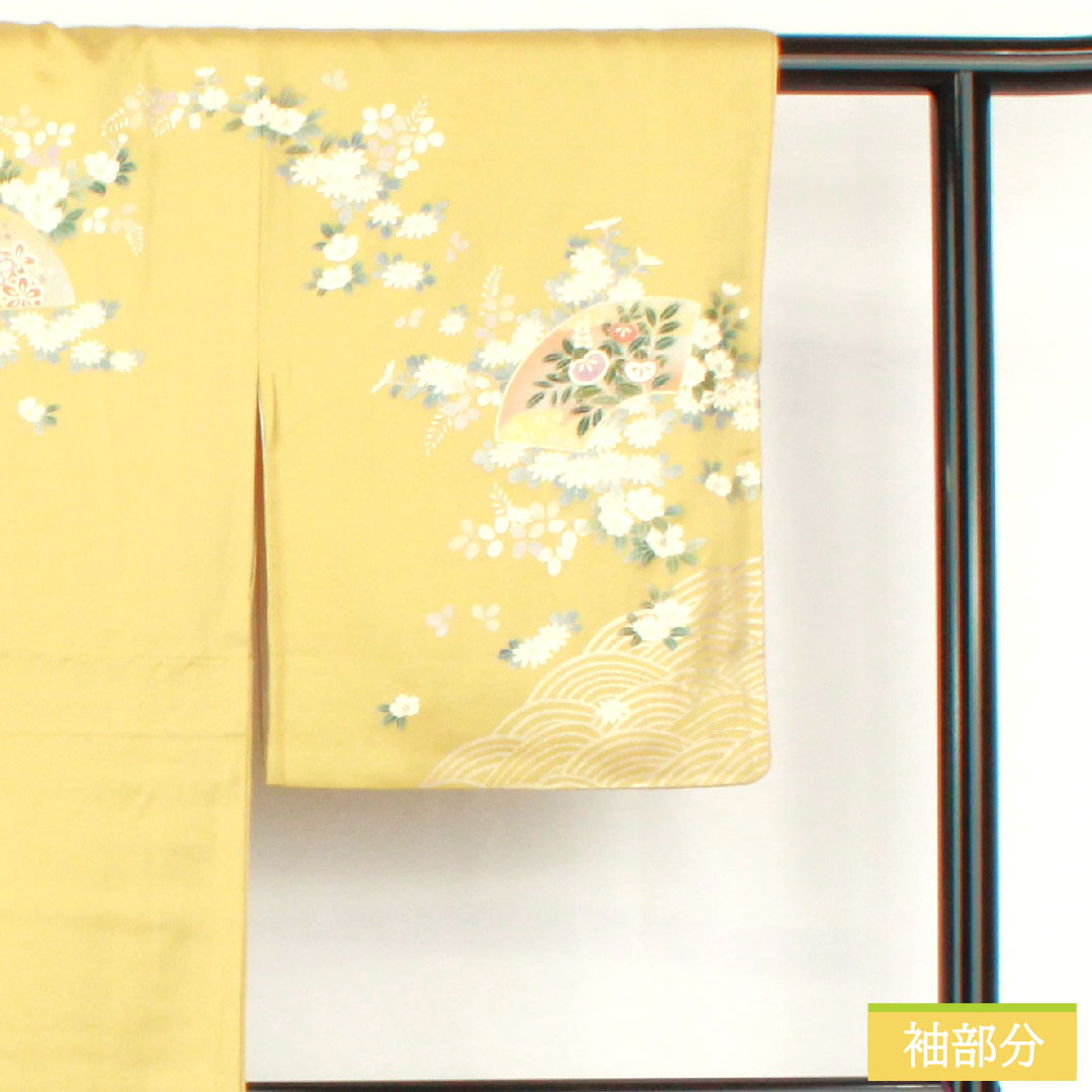Homongi, pure silk, lined, length 156.5cm, sleeve length 63cm, faint yellow, Kyoto Yuzen, cherry blossom, chrysanthemum, bush clover, A rank, yellow, 1112005243323