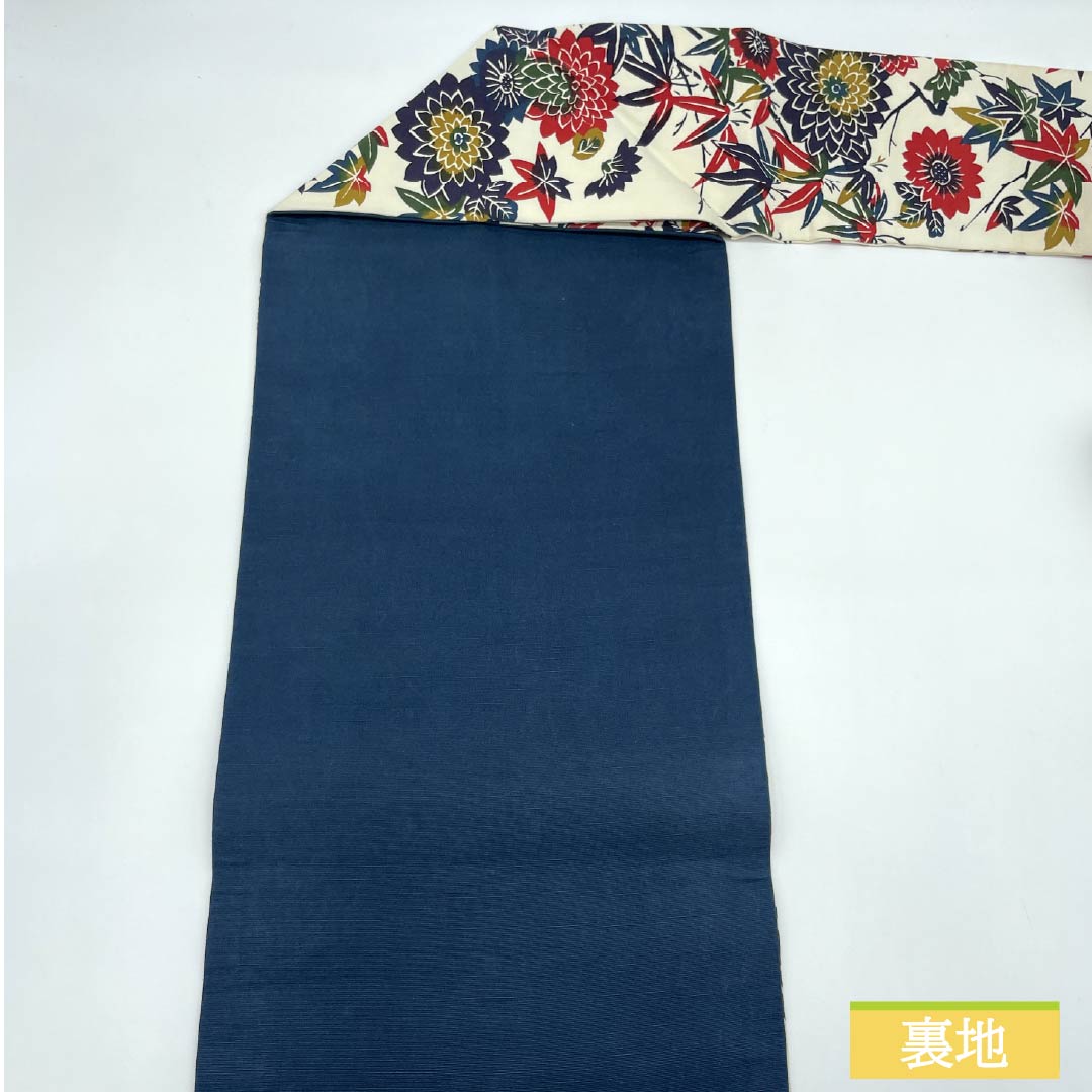 Nagoya obi, natural color (kinari-iro), stencil-dyed, chrysanthemum, autumn leaves, obi length 352cm, cotton, S rank, full length, casual, cream color, 1124008062315, Nagoya style