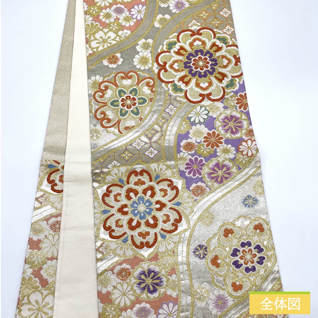 袋帯 正絹 生成り色（きなりいろ） 華文 七宝 桜 菊 帯丈444cm Aランク 六通 フォーマル 銀系 1123012103322