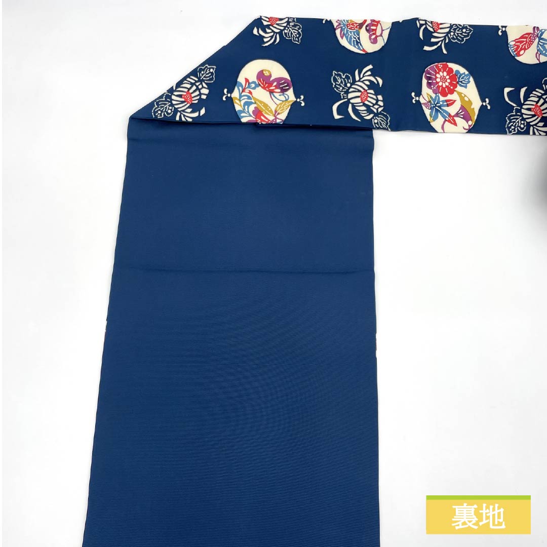 Nagoya obi, deep indigo, Kyoto Bingata, floral pattern, crane, obi length 353cm, pure silk, S rank, full length, casual, navy blue, 1124007252318, Nagoya style