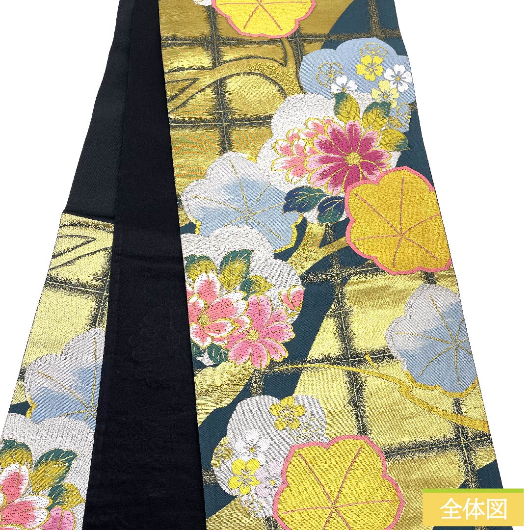 袋帯 高麗納戸色（こうらいなんどいろ） 梅 桜 花模様 石畳 帯丈430cm 正絹 Sランク 六通 フォーマル 緑系 1123010482319
