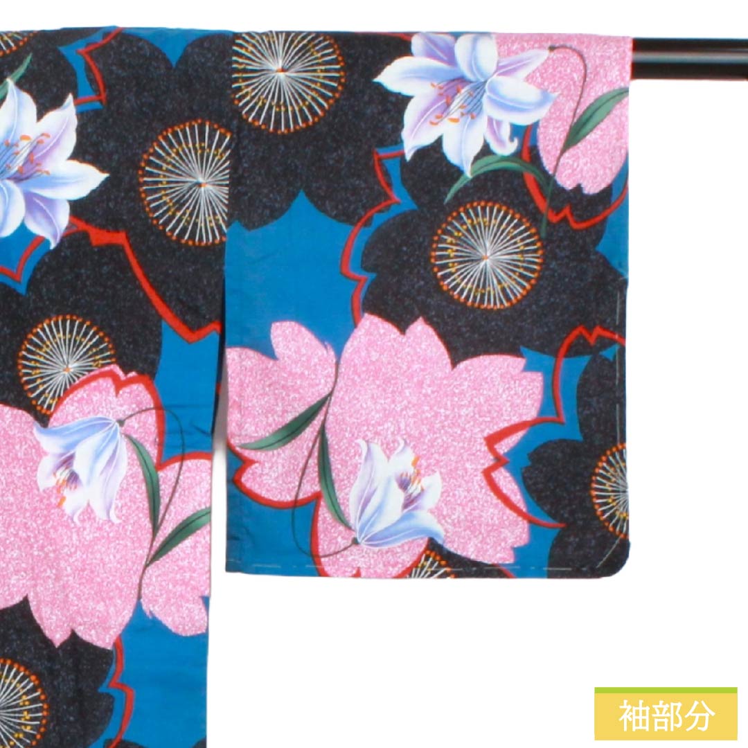 浴衣 木綿 Sランク 身丈165.5cm 裄丈68cm 青黛色（せいたいいろ） 百合 桜 型染 単衣 青系 1118006962517