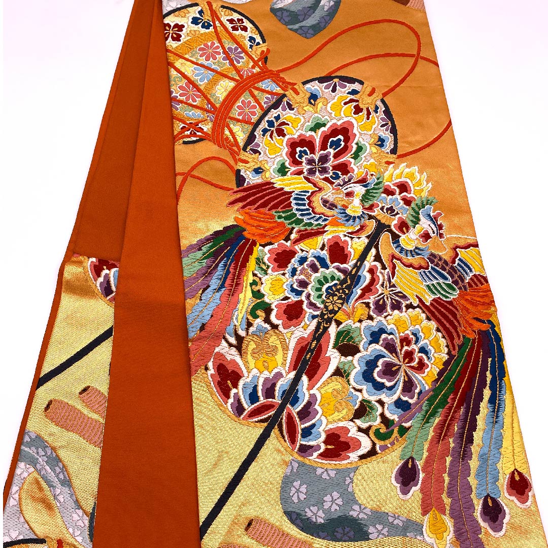 Persimmon-colored Fukuro Obi (Bag Belt) with Phoenix and Drum, Shirayaen Oba, Length 426cm, Pure Silk, A-Rank, Six-pass, Formal, Orange, 1123009763326