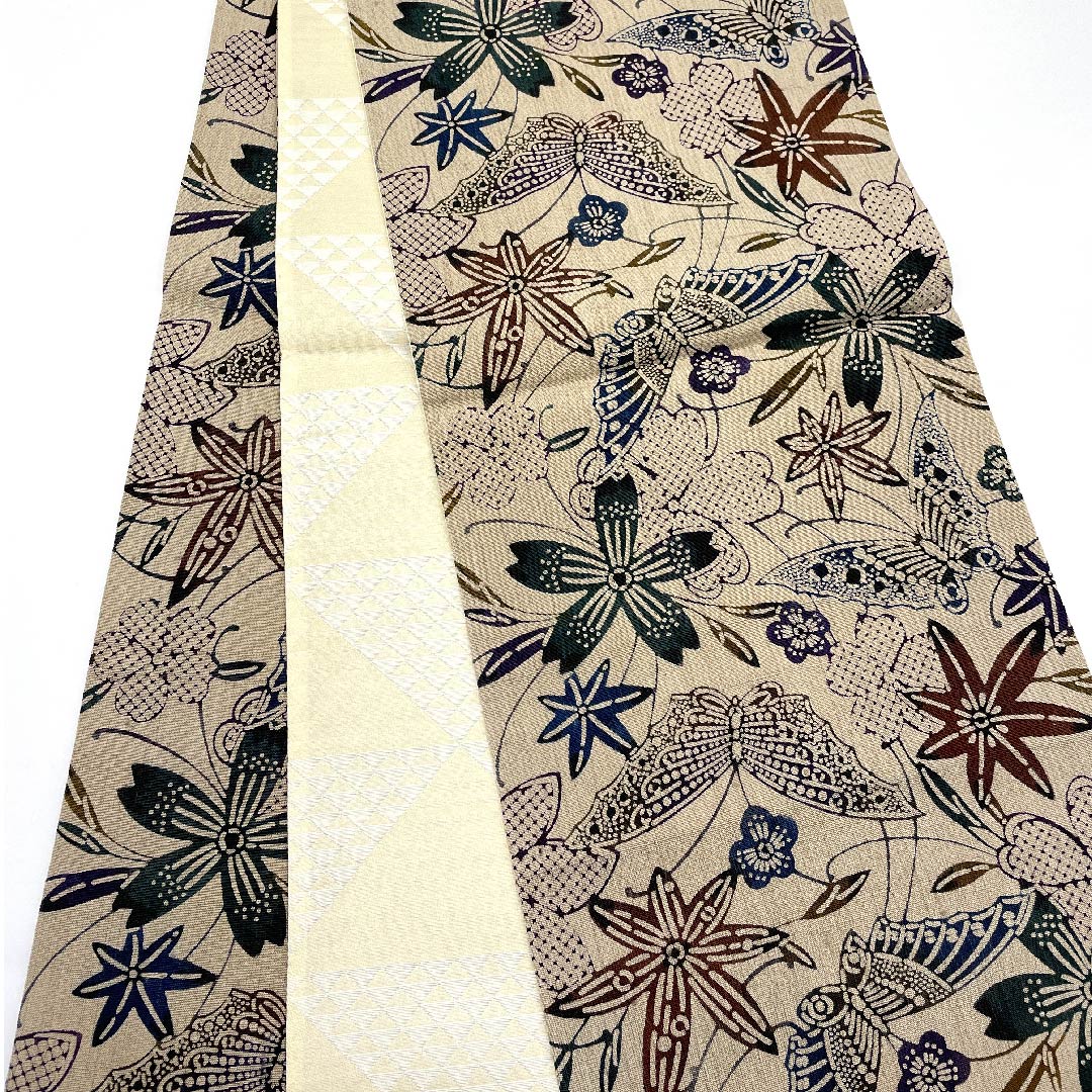 袋帯 白橡色（しろつるばみ） 蝶 桜 染め帯 帯丈450cm 正絹 Aランク 全通 カジュアル 茶系 1123006103314