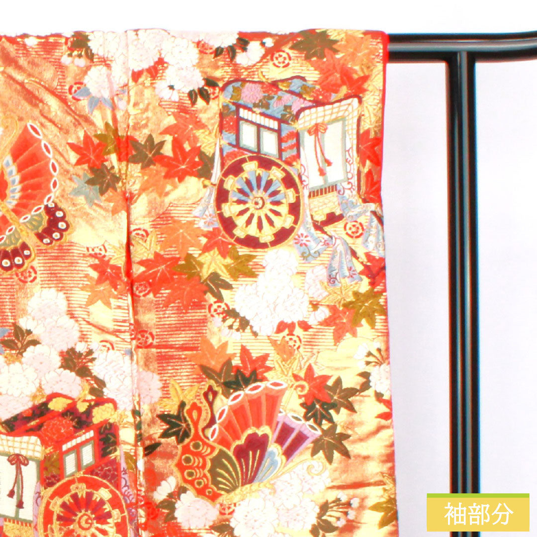 Iro-uchikake (colored kimono) made of pure silk, grade A, length 184cm, sleeve length 60.5cm, Karaori (Chinese weave) with butterfly and floral patterns, lined, vermilion, 1110001003916