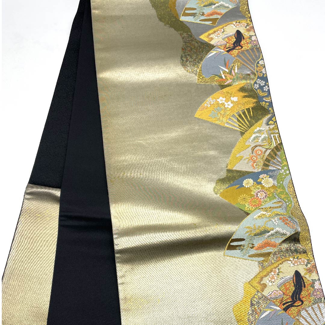 【未仕立】袋帯 正絹 Aランク 紀州茶色（きしゅうちゃいろ） 紫式部 扇 一蔵  帯丈462cm 六通 フォーマル グレー系 1123007943422