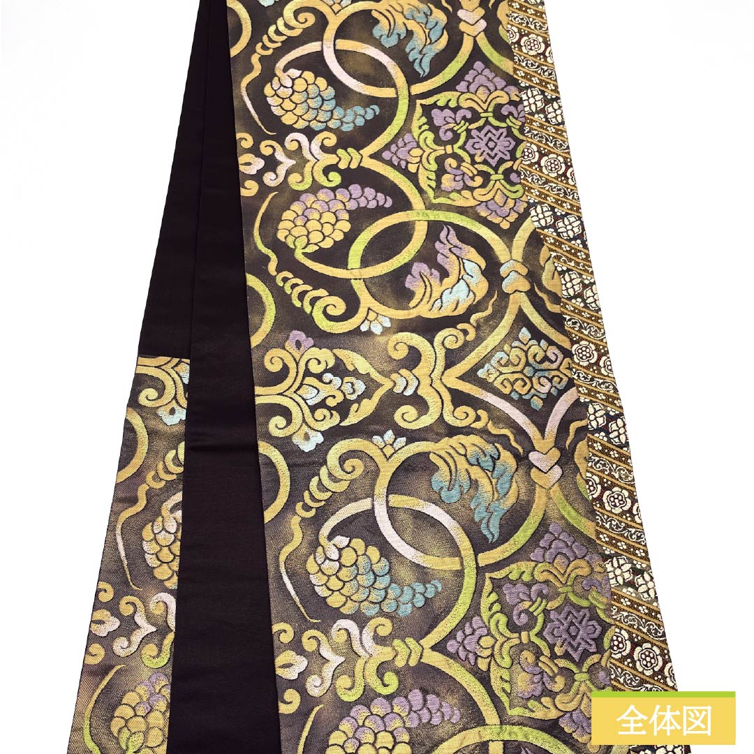 Pure silk obi with a grape arabesque and floral motif, length 440cm, S rank, six-fold, semi-formal, gradient pattern, product number 1123014822399