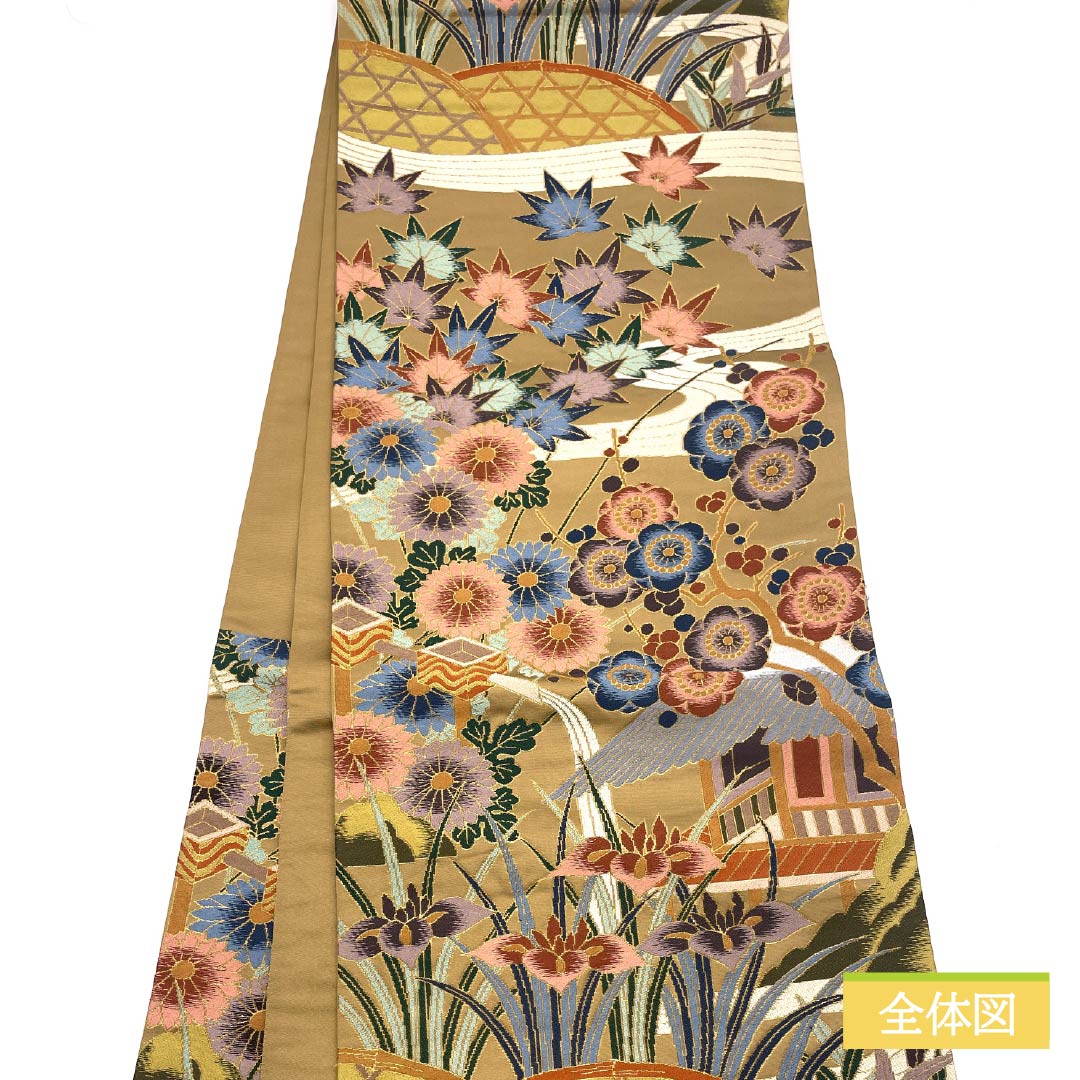Fukuro Obi (sash) made of pure silk, S-rank, in a gray-yellow Yamabuki color, by Hakuryoen Oba, featuring a classic autumn leaf and iris pattern. Length: 434cm, six-fold, formal, beige. Product number: 1123015072325