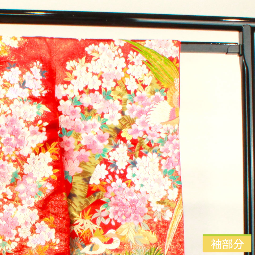 色打掛 正絹 身丈193cm 裄丈65cm  唐織 鶴 松 桜 鴛鴦 Aランク 袷 朱系 1110000713916