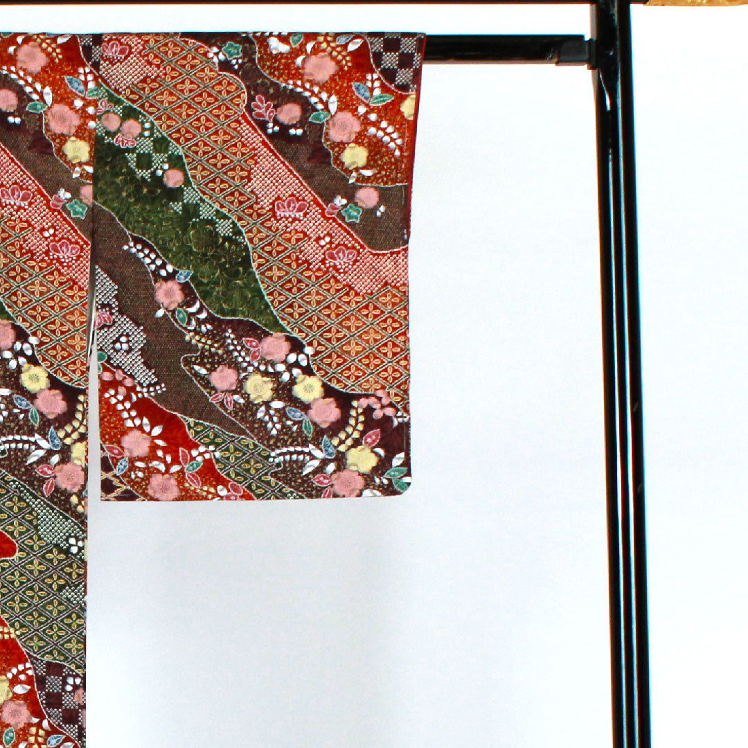 Komon, Length 160cm, Sleeve Length 65cm, Awase, Tsujigahana, Pure Silk, S Rank, Brown, 1115000722314