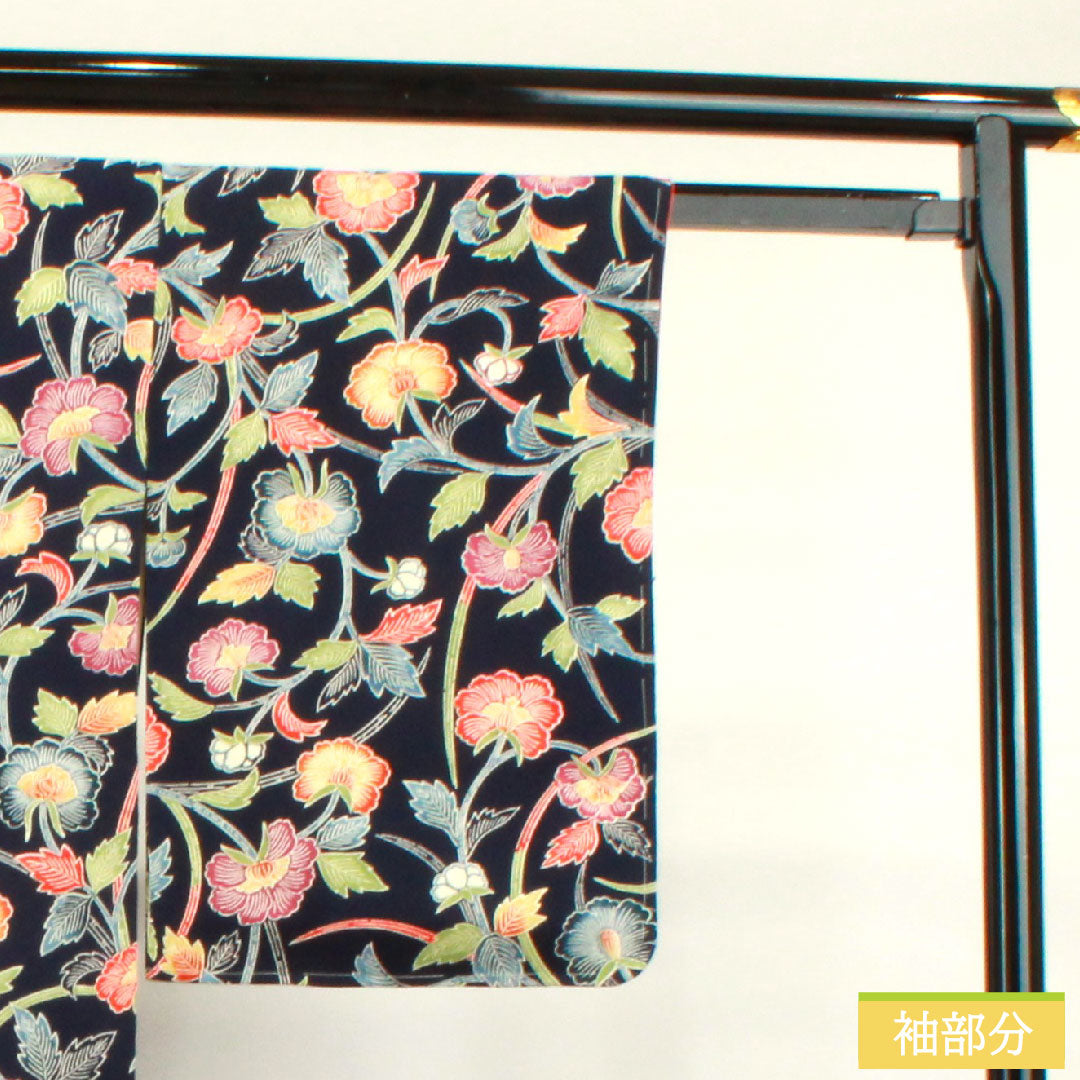 Small pattern, pure silk, length 155cm, sleeve length 62.5cm, lined, navy blue bellflower color, Kyoto Bingata, floral pattern, rank B, navy blue, 1115003784318