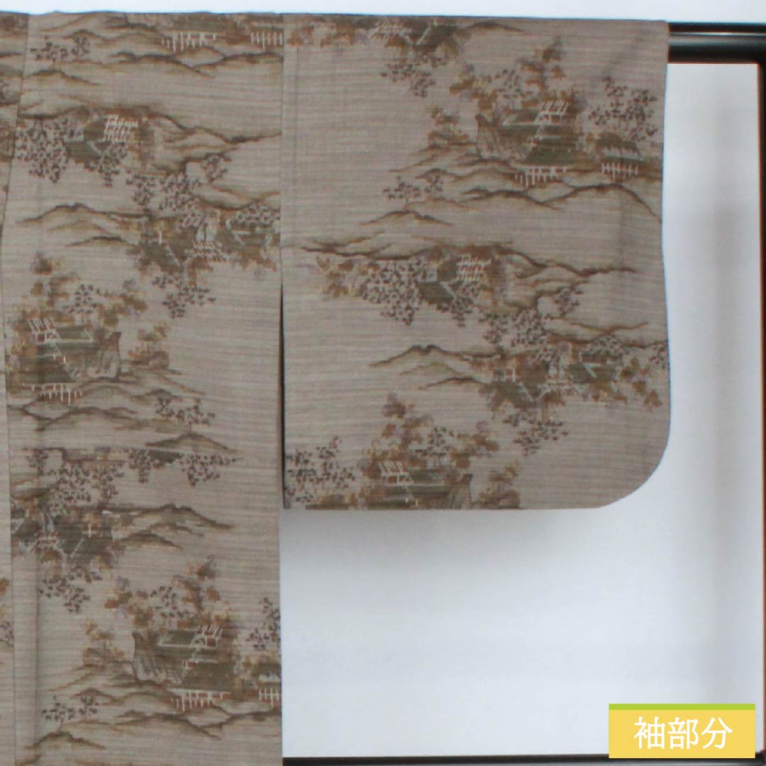 紬 正絹 身丈161.5cm 裄丈66cm 京極生壁色（きょうごくなまかべいろ） 風景模様 居敷当て付き Sランク 単衣 グレー系 1116003802422