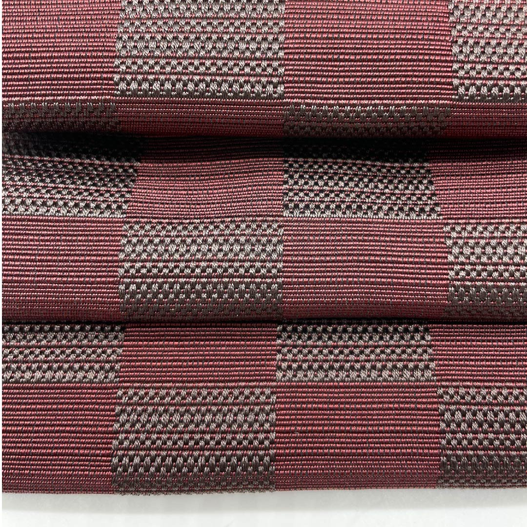 Kaku-obi (sash) made of polyester, dark red (monkfish), checkered pattern, unused, length 402cm, width 10cm, new rank, purple, 1134000081920
