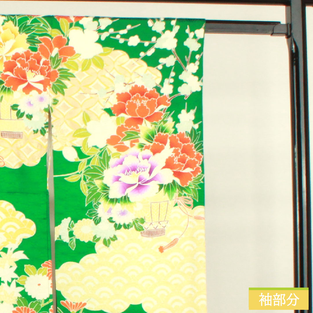 振袖 正絹 身丈161.5cm 裄丈65cm 袷  濡葉色 京友禅 吉祥文様  Aランク 緑系 1113001973419
