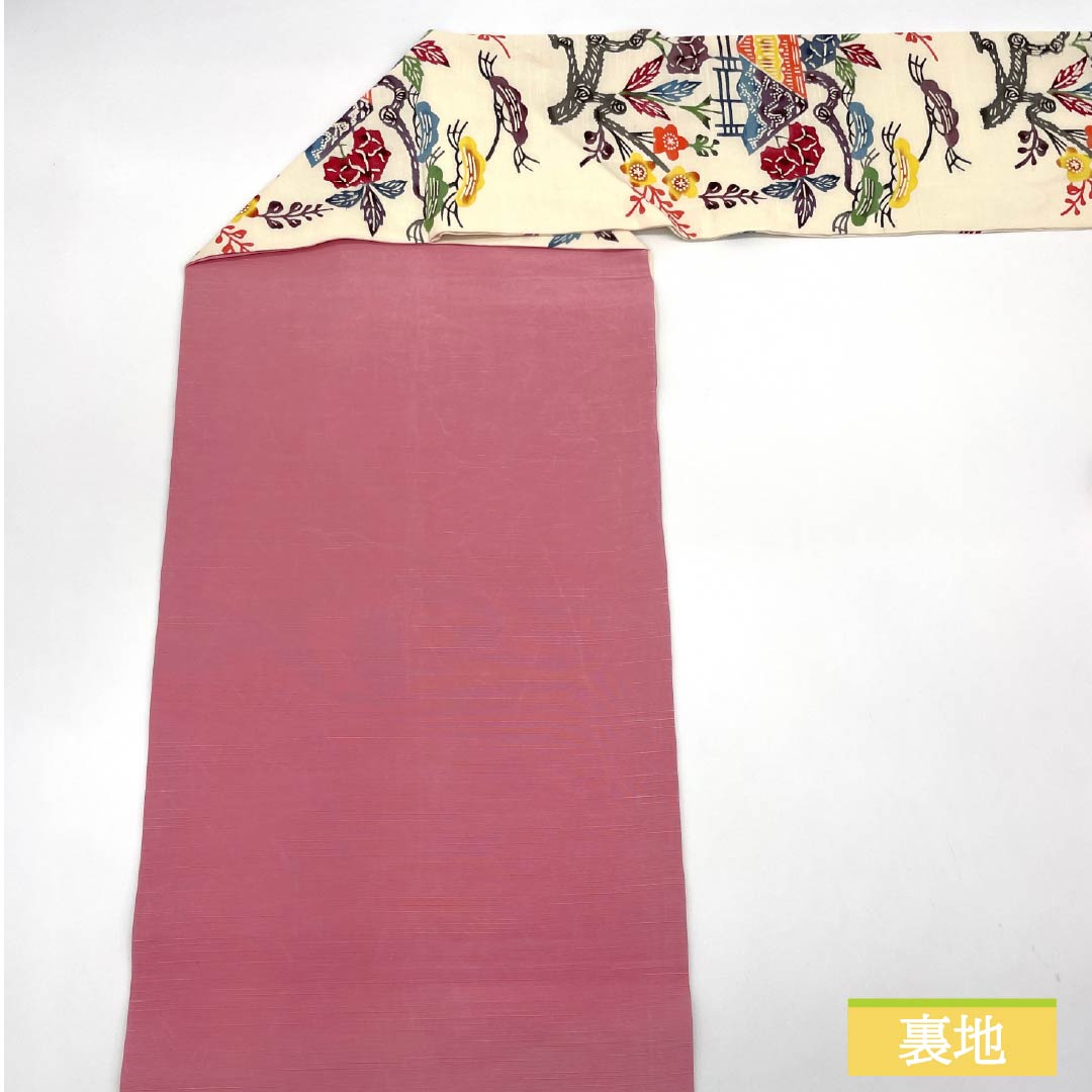 Nagoya obi, medium crimson flower color, Kyoto Bingata, pongee fabric, Bingata-style pattern, obi length 359cm, pure silk, A rank, six-pass, casual, cream color, 1124007333315, Nagoya style