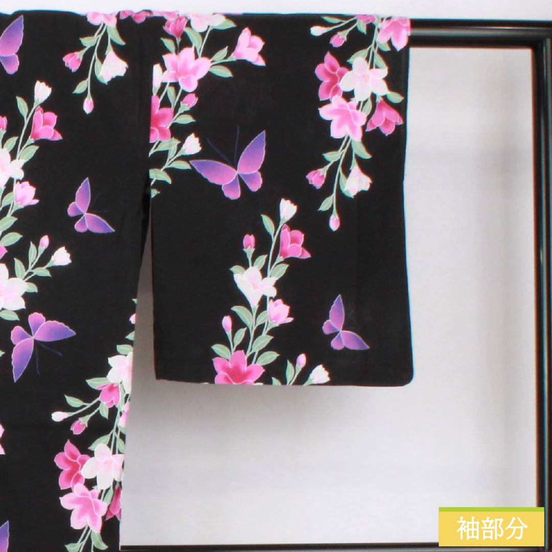Cotton Yukata, Length 163cm, Sleeve Length 64cm, S Rank, Single Layer, Black, Iron Wire, Butterfly Design, 1118006082410