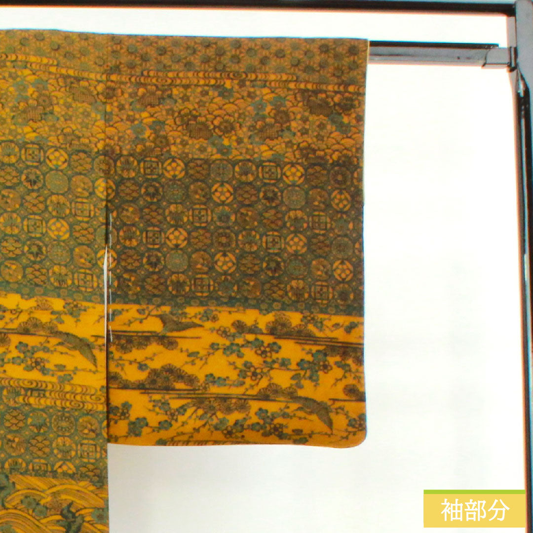 Small pattern, pure silk, length 161.5cm, sleeve length 65cm, lined, yellow oak color, stencil dyeing, auspicious motif, S rank, yellow, 1115004192423