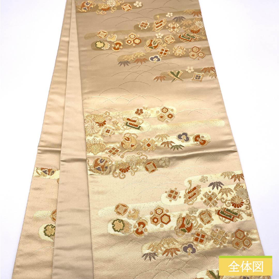 Fukuro Obi (Sash) made of pure silk, walnut color, for Tomesode, Treasures, Flower Arabesque pattern, Length 430cm, S rank, Six-pass, Formal, Beige, 1123013582325
