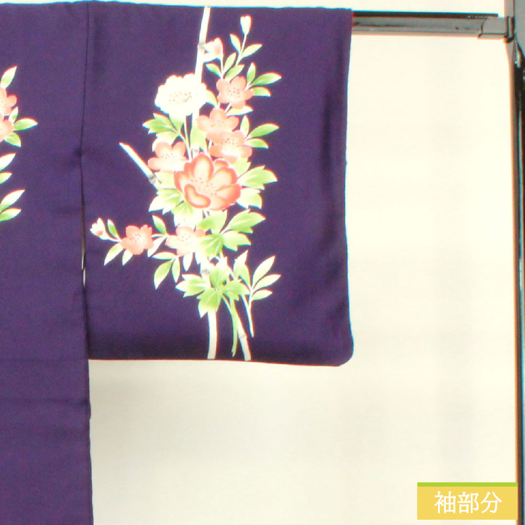 Homongi (formal kimono) made of polyester, lined, length 155.5cm, sleeve length 64.5cm, dark blue, washable, floral pattern, tsukesage, A rank, purple, 1112004233320
