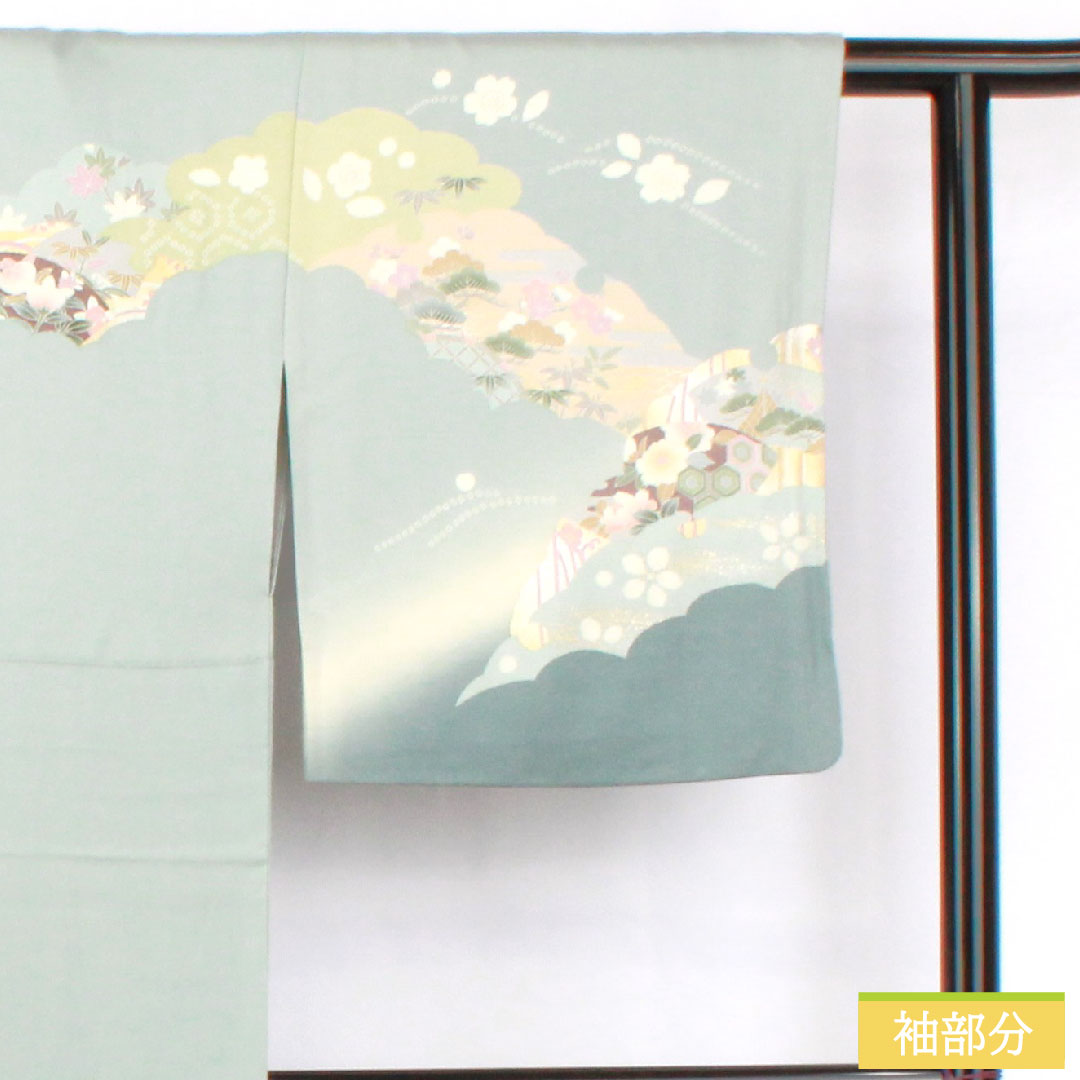 訪問着 正絹 袷 身丈161cm 裄丈66.5cm 青白磁色（せいはくじいろ） 京友禅 吉祥文様 Sランク 水色系 1112005792424