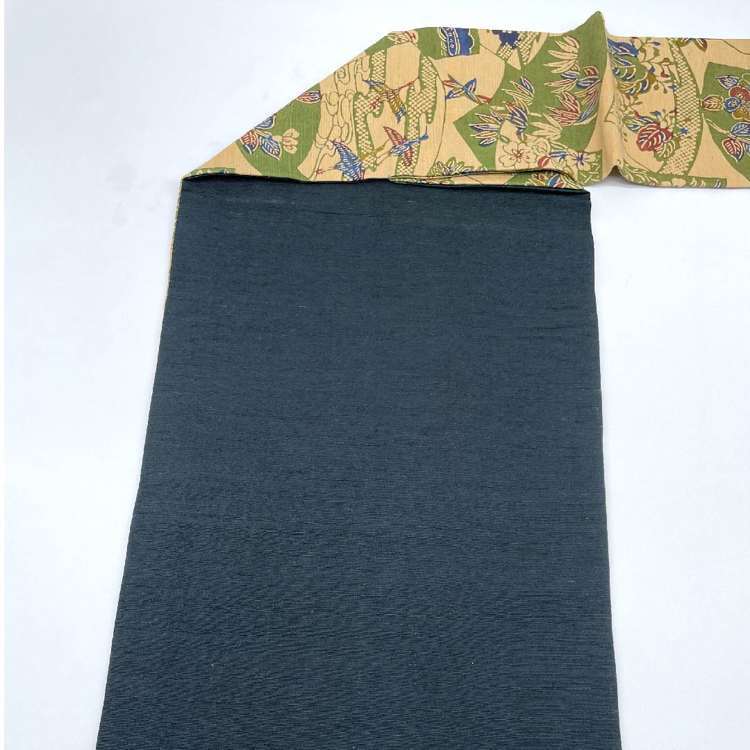 名古屋帯 薄柿色 古典柄 扇面に松竹梅 鳥 蝶 帯丈382cm 正絹 Aランク 全通 カジュアル ベージュ系 1124004613325  名古屋仕立て