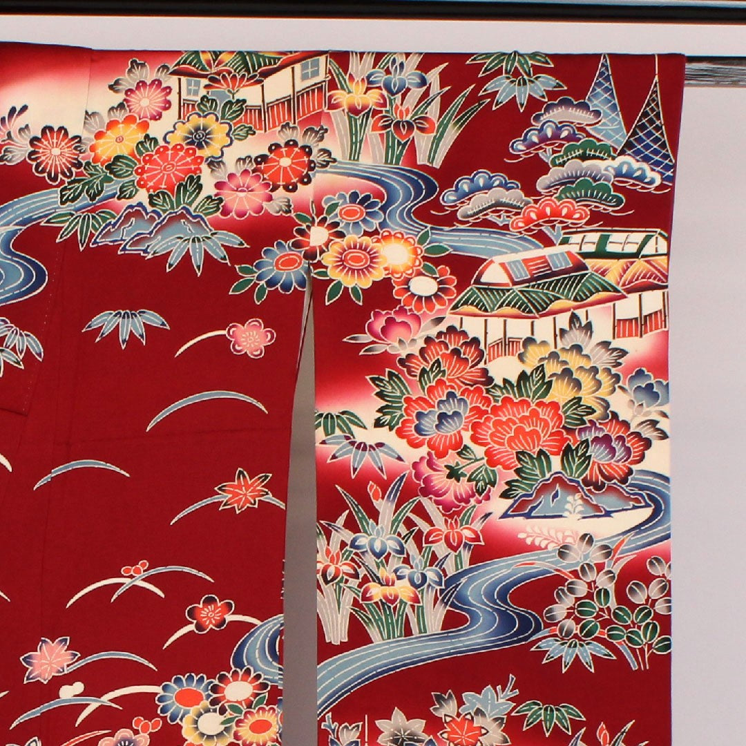 Long-sleeved kimono, length 167cm, sleeve length 66cm, lined, Kyoto Bingata, Chayatsuji pattern, pure silk, A rank, red, 1113000103512