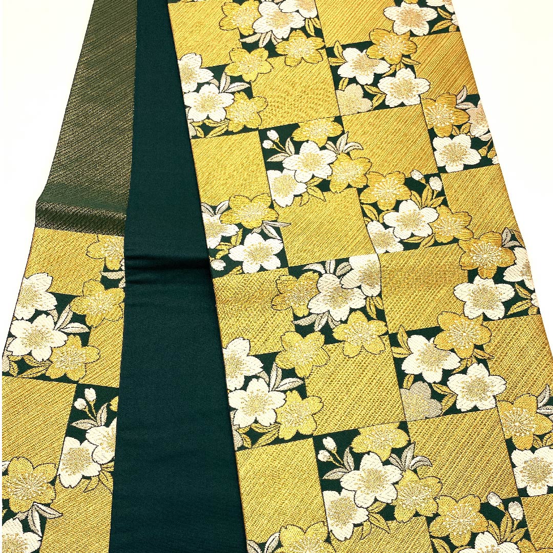 袋帯 琉璃色（リューリースーいろ 桜 市松 帯丈456cm 正絹 Aランク 六通 フォーマル 金系 1123007153421