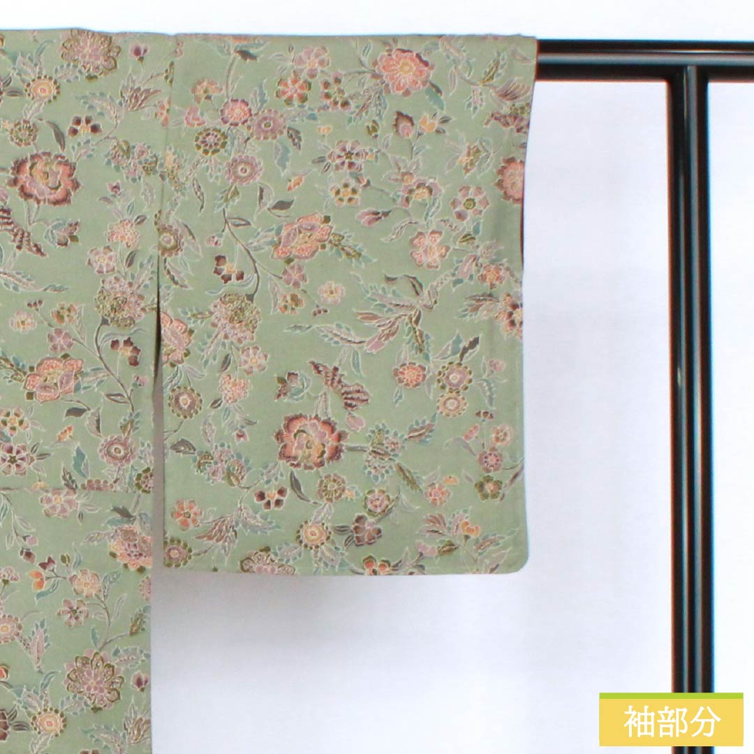Komon (small pattern) silk, S rank, length 156.5cm, sleeve length 63cm, lined, Rikyu gray (Rikyu mouse color), chintz, green, 1115007162319