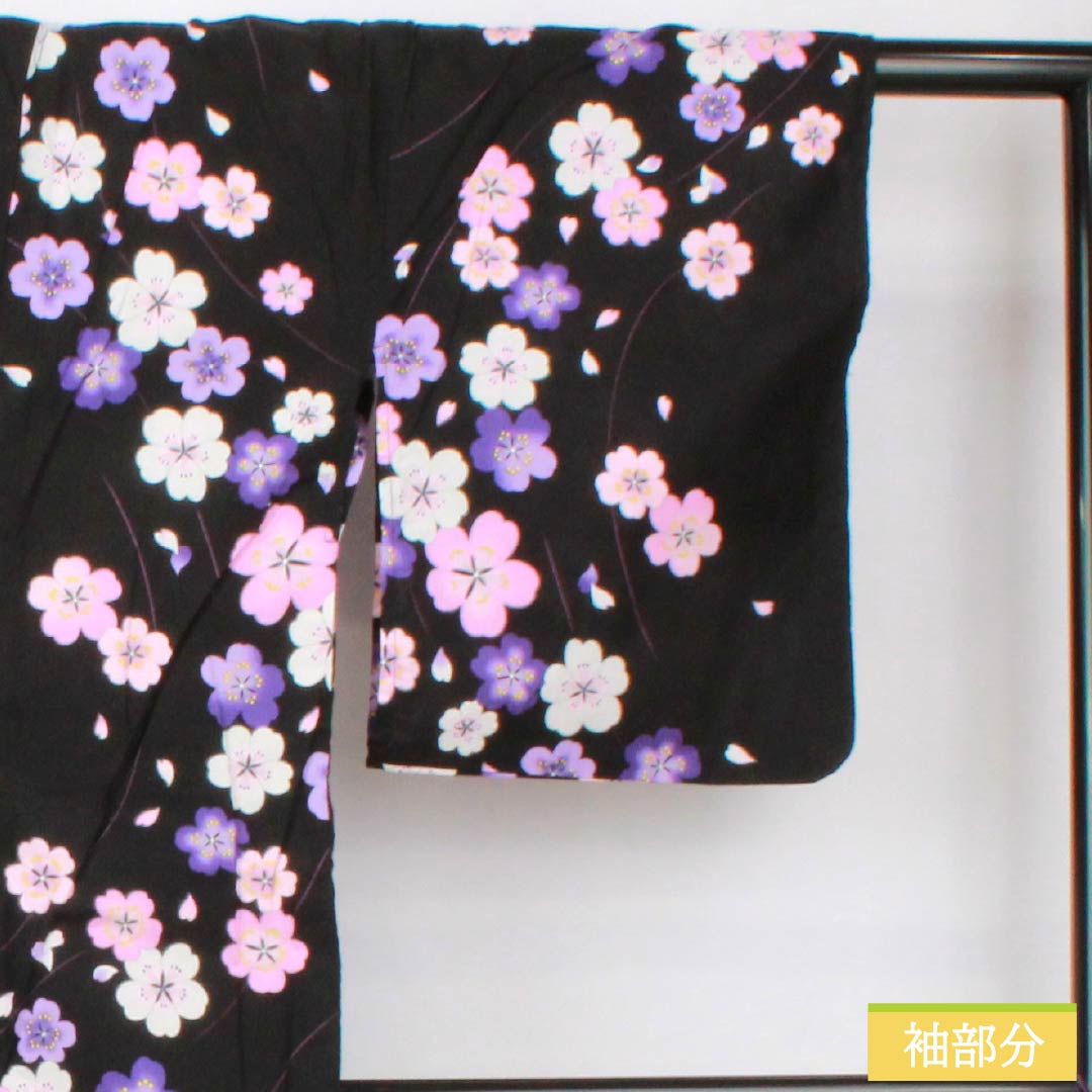 浴衣 木綿 身丈166.5cm 裄丈62.5cm Sランク 単衣 黒系 桜 1118005932510