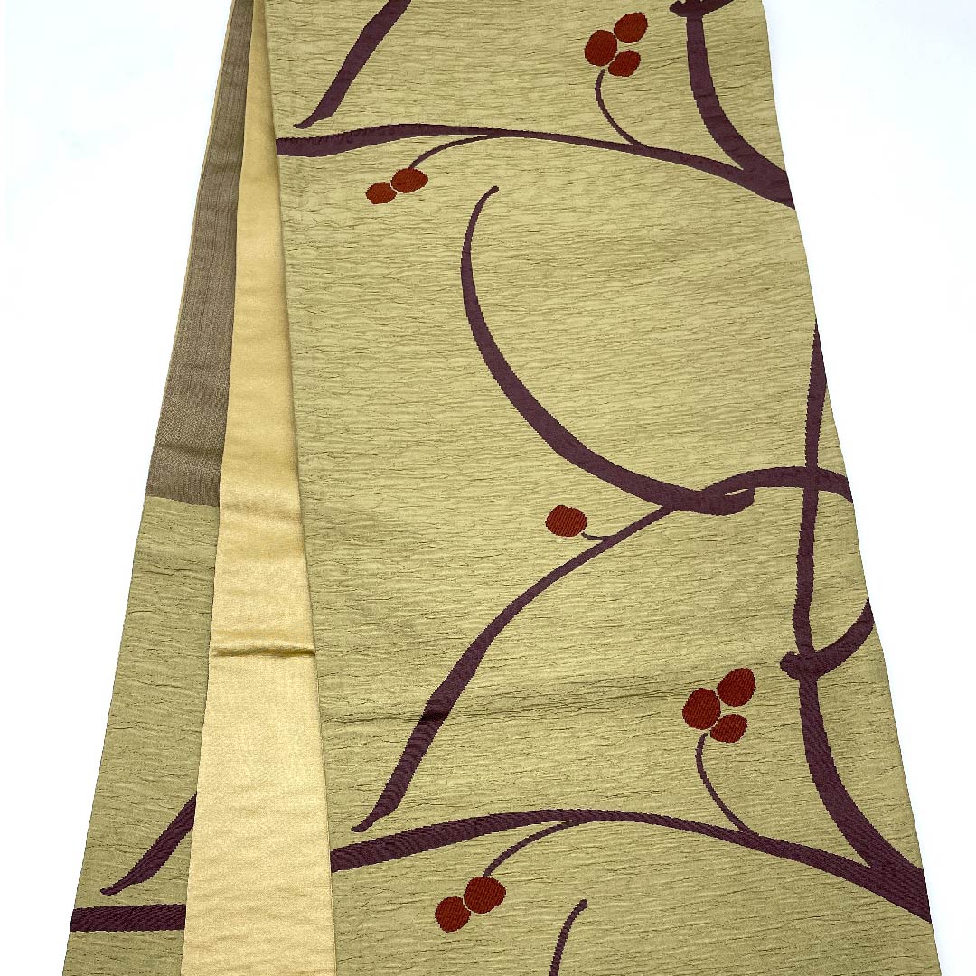 [Unfinished] Fukuro-Obi, Silk, NEW Rank, Kare-iro (brownish yellow), Berries, Abstract Pattern, Obi Length 457cm, Rokutsu, Casual, Beige Tones, 1123008461425