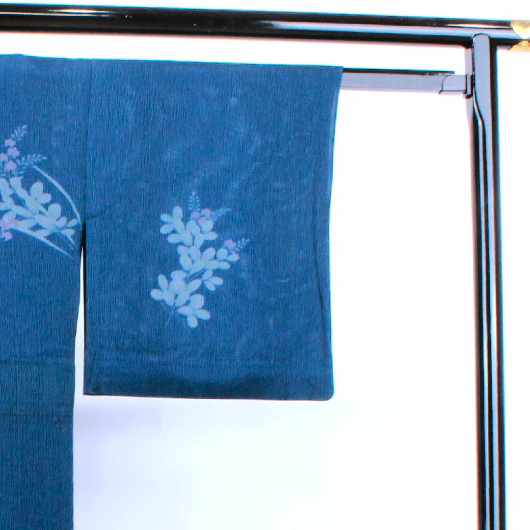 夏物 正絹 訪問着 身丈158cm 裄丈63.5cm 濃藍色（こいあいいろ）草花模様 二重紗 Sランク 紺系 1132000142318