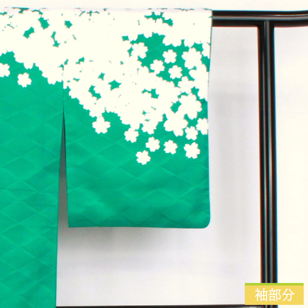 Homongi (formal kimono) made of polyester, lined, length 159cm, sleeve length 62cm, peacock green, washable kimono, cherry blossom, S rank, green, 1112005372319
