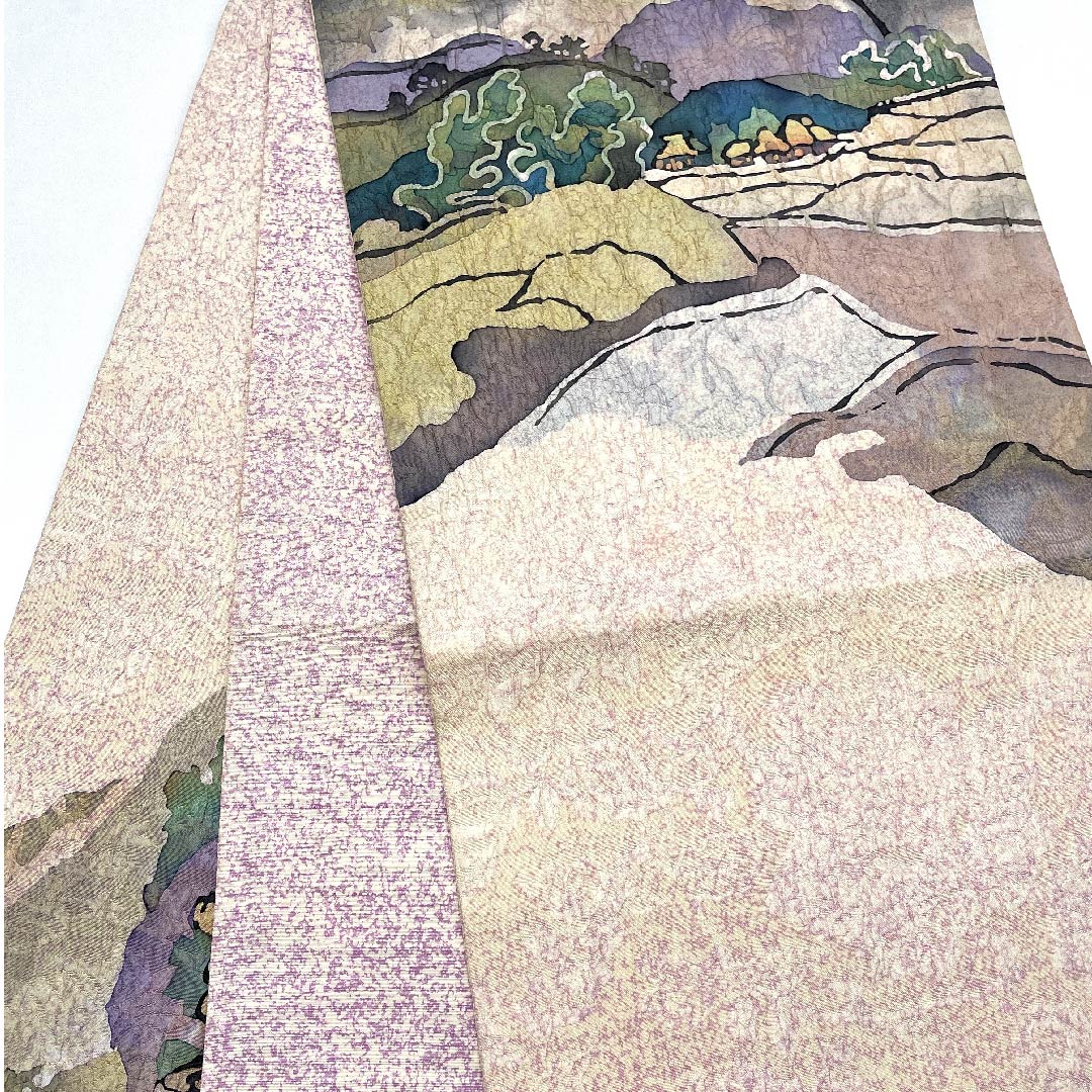 Fukuro Obi (light cherry blossom color) Landscape painting Dyed obi Length 440.5cm Pure silk B rank Six-pass Casual Pink 1123005554313