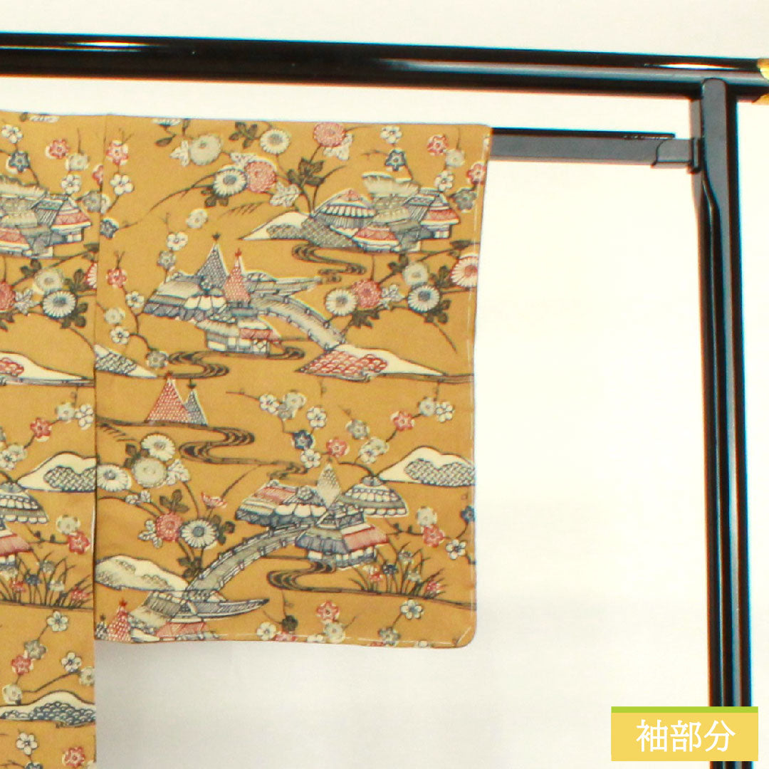 小紋 正絹 身丈154.5cm 裄丈67cm 袷  猟虎色 京紅型 茶屋辻 しつけ糸付き  Sランク 茶系 1115003702214