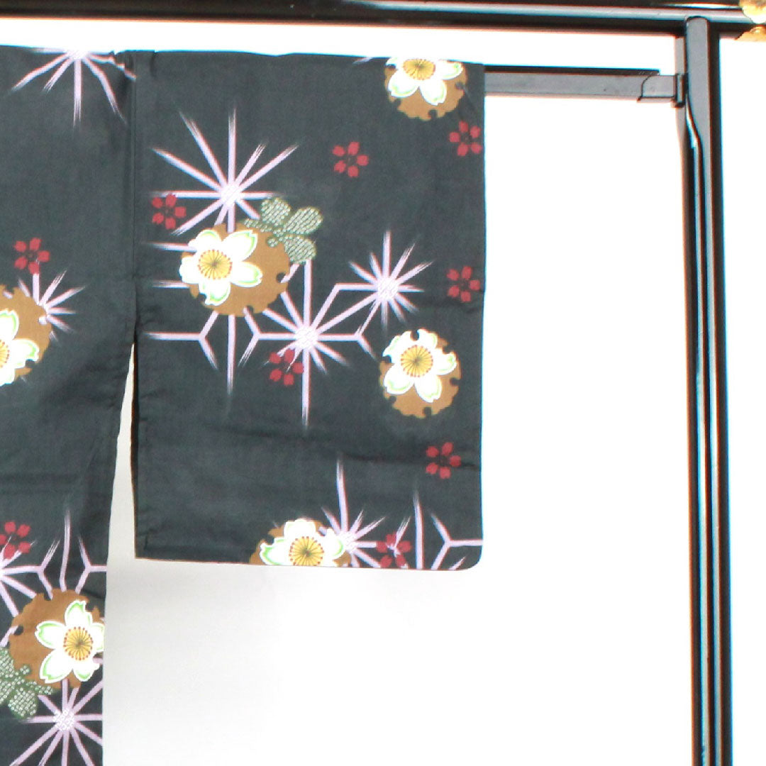 Yukata, Snowflake, Cherry Blossom, Asanoha, Cotton, S Rank, Single Layer, Length 164.5cm, Sleeve Length 64cm, Black, 1118002212410