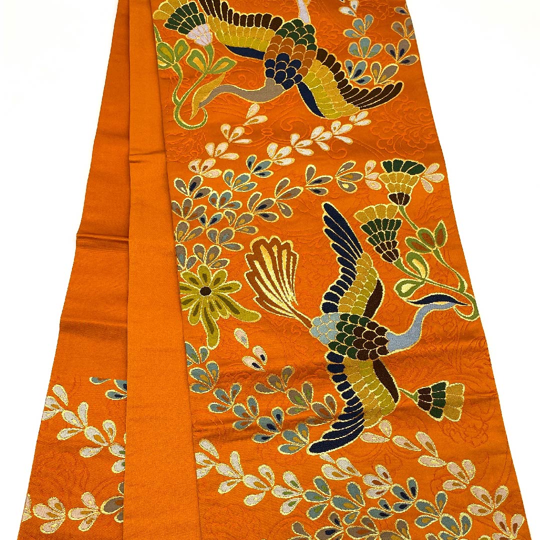 Carrot-colored Fukuro Obi (Bag Belt) with Phoenix Pattern, Shiraayaen Oba, Length 432cm, Pure Silk, S Rank, Six-pass, Formal, Orange, 1123008912326