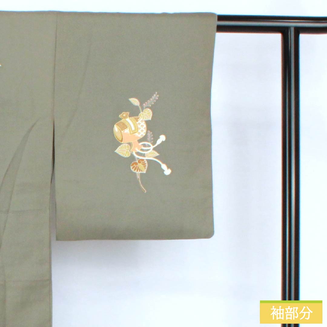 訪問着 正絹 Sランク 袷 身丈155cm 裄丈62.5cm 利休鼠色（りきゅうねずみいろ） 京友禅 付下げ 葵 小槌 スーパー鈴ガード 緑系 1112007212319