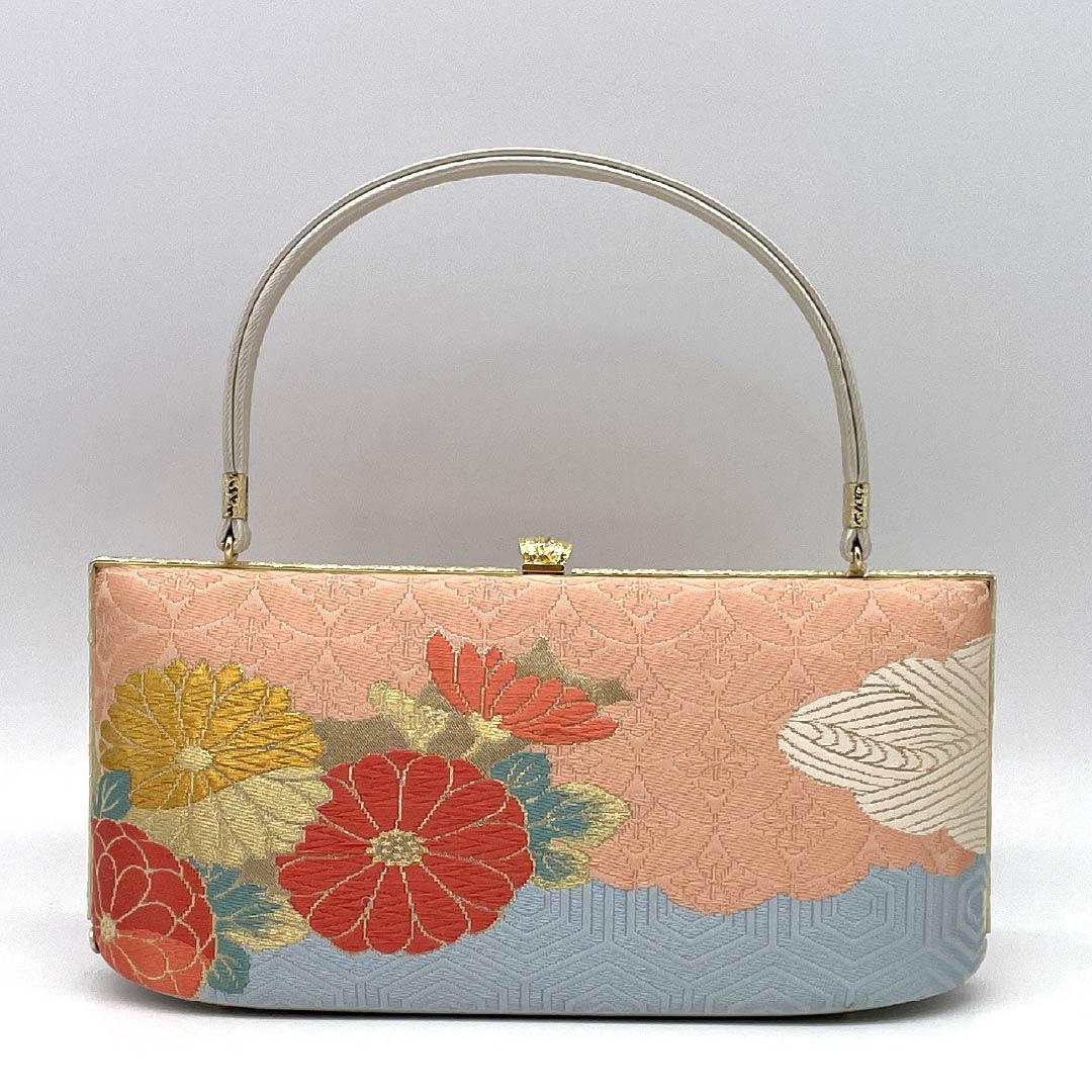 (Like New) Formal Zori and Bag Set, Grade A, Chrysanthemum Design, Obi Fabric, Size M, Gold Finish, 1133000473321