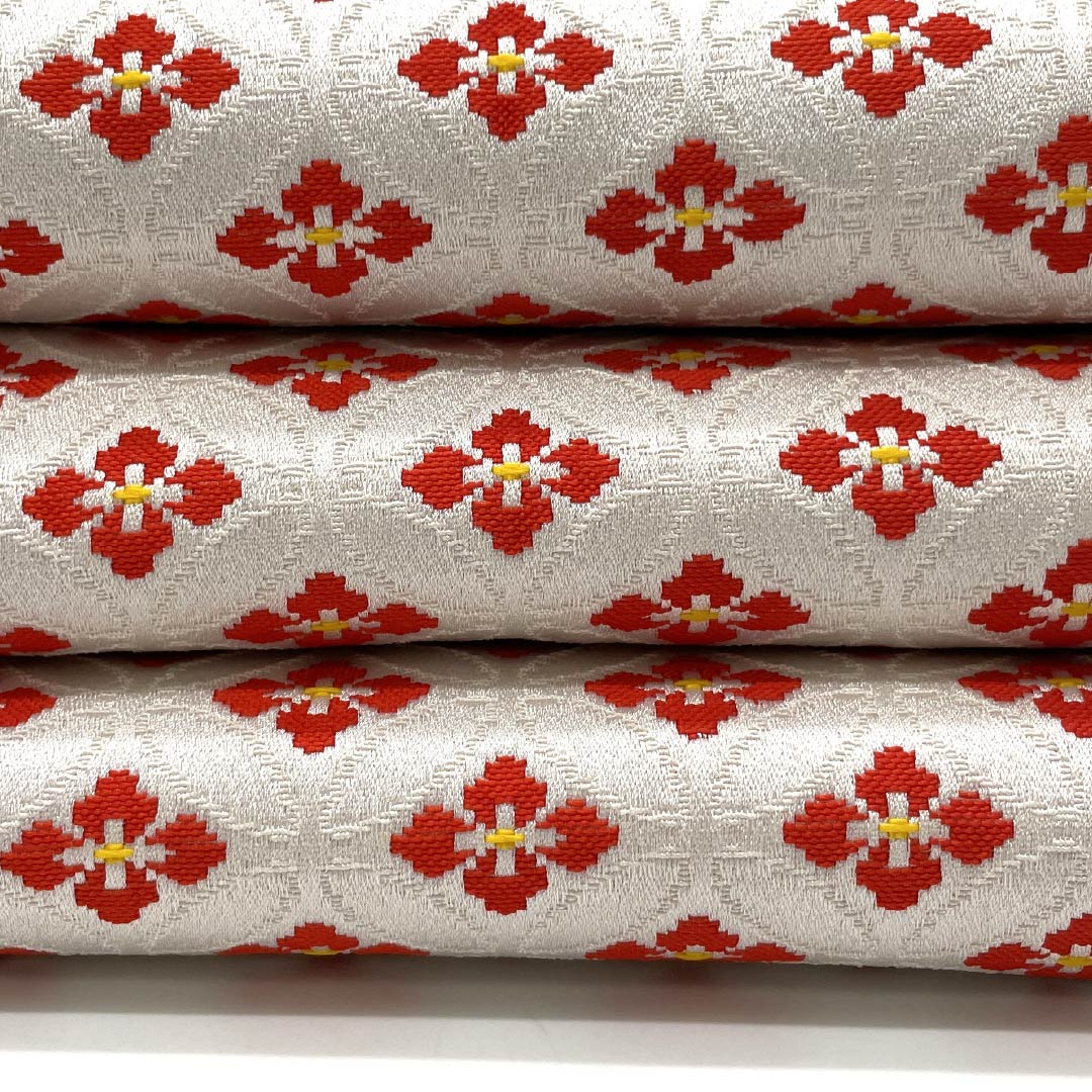 【未仕立】半幅帯 ポリエステル Sランク 胡粉色（ごふんいろ） 七宝 小花 麻の葉   帯丈344cm 白系 1125002162311