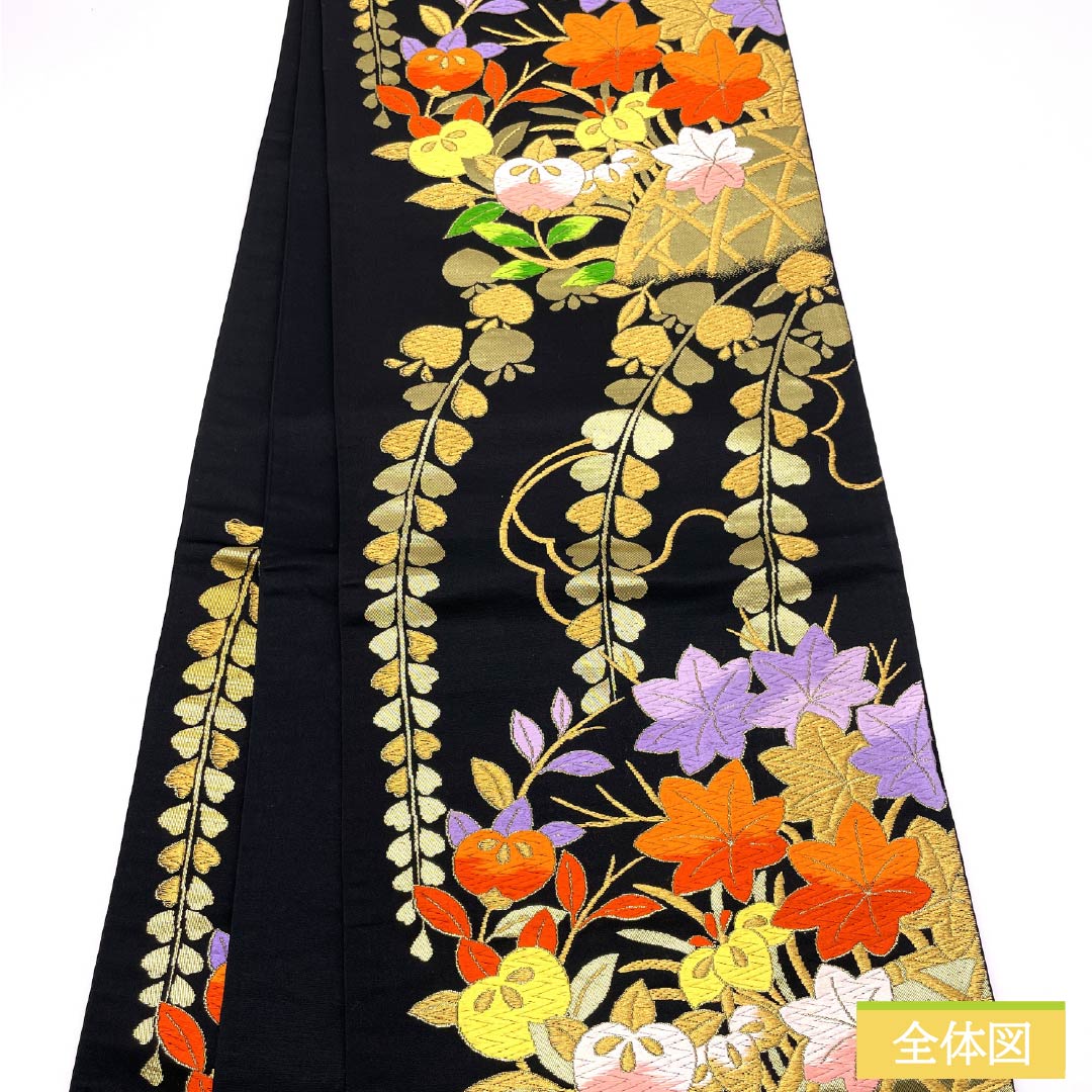 [Untailored] Fukuro obi, pure silk, S-rank, for furisode, bamboo fence, tachibana, iris, obi length 432cm, rokutsu, formal, black系 1123014592310