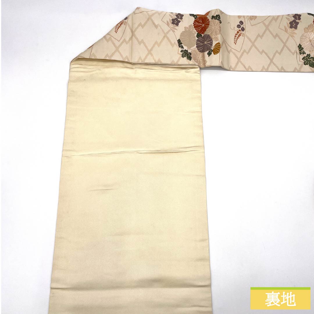 名古屋帯 生成り色（きなりいろ） 扇面 菊 椿 帯丈351cm 正絹 Bランク 六通 セミフォーマル クリーム系 1124008924315 名古屋仕立て