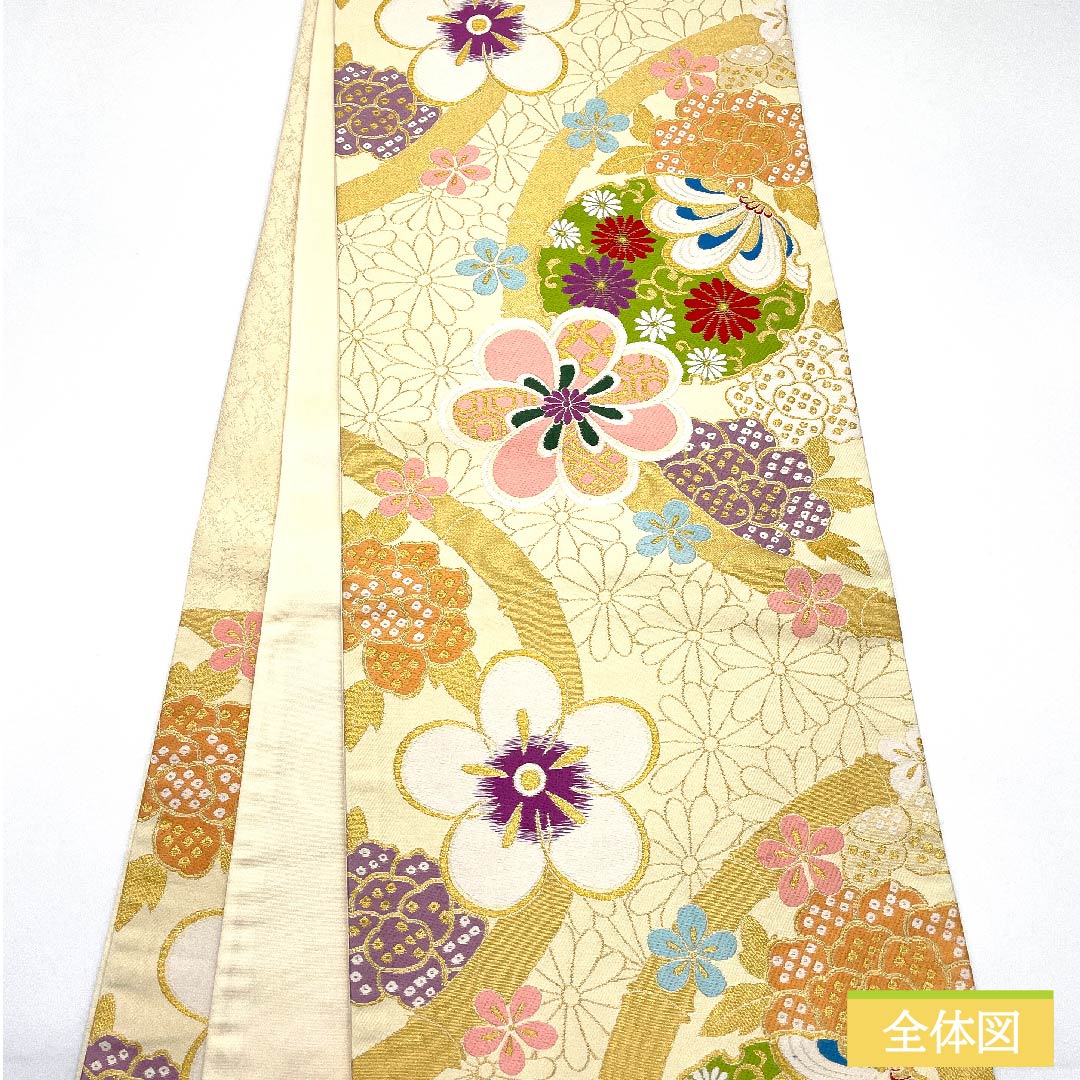 袋帯 正絹 生成り色（きなりいろ） 梅 菊 七宝 花唐草 帯丈434cm Sランク 六通 フォーマル クリーム系 1123011712315